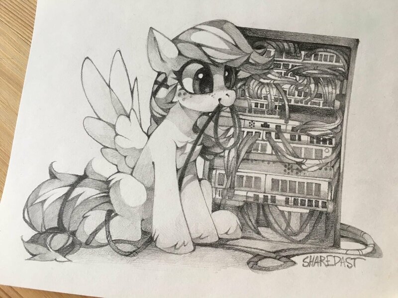 Size: 1920x1440 | Tagged: safe, artist:share dast, derpibooru import, oc, oc:summer ray, unofficial characters only, pegasus, pony, server, solo, traditional art, wires