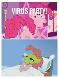 Size: 3106x4096 | Tagged: safe, derpibooru import, edit, edited screencap, screencap, pinkie pie, earth pony, pony, applebuck season, bad end, coronavirus, coronavirus party, covid-19, covidiots, drama, expectation vs reality, sick, stupidity, too dumb to live, virus