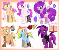 Size: 1280x1097 | Tagged: safe, artist:yukiothevulpix, derpibooru import, oc, unofficial characters only, earth pony, pegasus, pony, unicorn, balloon, balloon animal, base used, blaze (coat marking), bow, candy, choker, clothes, earth pony oc, eye scar, fishnets, food, foot wraps, freckles, hoof wraps, horn, magical lesbian spawn, male, necktie, nose piercing, nose ring, obtrusive watermark, offspring, parent:applejack, parent:big macintosh, parent:fluttershy, parent:pinkie pie, parent:rainbow dash, parent:rarity, parent:tempest shadow, parent:twilight sparkle, parents:appledash, parents:fluttermac, parents:raripie, parents:tempestlight, pegasus oc, piercing, scar, shirt, simple background, stallion, tail bow, unicorn oc, unshorn fetlocks, watermark, white background, wings