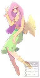 Size: 1345x2600 | Tagged: artist:manella-art, clothes, derpibooru import, female, fluttershy, human, humanized, safe, simple background, skirt, solo, sweater, sweatershy, white background, winged humanization, wings