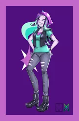 Size: 828x1280 | Tagged: safe, alternate version, artist:srasomeone, derpibooru import, part of a set, starlight glimmer, equestria girls, beanie, breasts, busty starlight glimmer, clothes, cutie mark background, grin, hands on hip, hat, high heels, jacket, latex, purple background, shiny, shirt, shoes, simple background, smiling, solo, torn jeans, watch, wristwatch