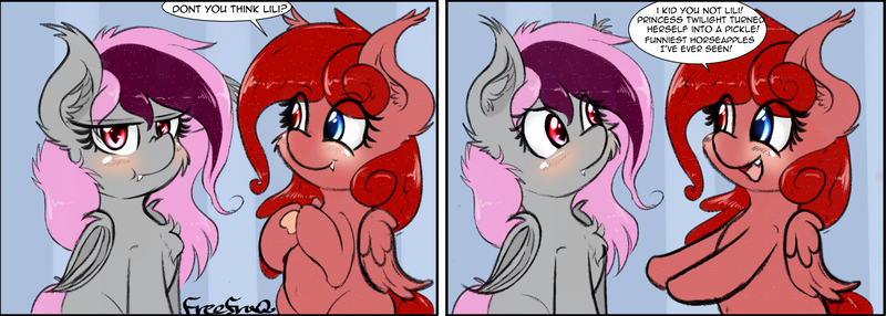 Size: 2500x893 | Tagged: safe, artist:freefraq, derpibooru import, oc, oc:cherry slime, oc:lilac san, unofficial characters only, bat pony, goo, goo pony, original species, bat pony oc, bat wings, chest fluff, heterochromia, meme, pickle rick, unamused, wings