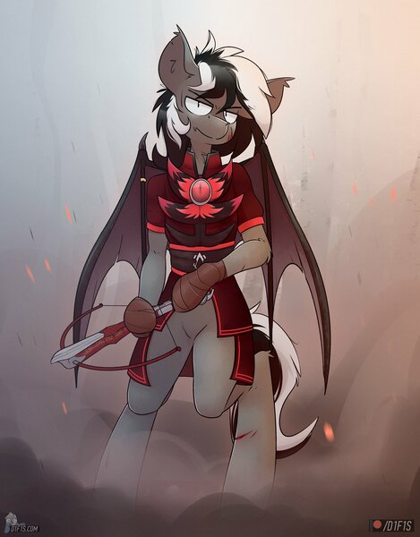 Size: 3200x4096 | Tagged: safe, artist:difis, derpibooru import, oc, oc:stormdancer, bat pony, semi-anthro, vampire, vampony, armor, assassin's creed, badass, bat pony oc, bat wings, crossbow, damaged, looking at you, wings