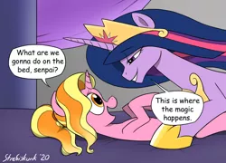 Size: 1188x857 | Tagged: suggestive, artist:strebiskunk, derpibooru import, luster dawn, princess twilight 2.0, twilight sparkle, twilight sparkle (alicorn), alicorn, pony, unicorn, the last problem, bed, bedroom eyes, eye contact, female, imminent sex, lesbian, looking at each other, lusterlight, mare, on bed, pomf, shipping, song reference, what are we gonna do on the bed?