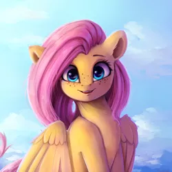 Size: 4000x4000 | Tagged: safe, artist:miokomata, derpibooru import, fluttershy, pegasus, pony, absurd resolution, bust, chest fluff, cute, digital art, fangs, female, freckles, freckleshy, mare, open mouth, portrait, shyabetes, signature, smiling, solo