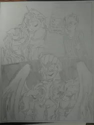 Size: 1944x2592 | Tagged: safe, artist:princebluemoon3, author:bigonionbean, derpibooru import, oc, oc:aerial agriculture, oc:earthing elements, oc:heartstrong flare, oc:princess healing glory, oc:princess mythic majestic, oc:princess sincere scholar, oc:tommy the human, alicorn, human, pony, comic:the chaos within us, alicorn oc, alicorn princess, barrier, black and white, canterlot, canterlot castle, captive, chained, chaos, clothes, comic, commissioner:bigonionbean, confused, crying, dialogue, drawing, dream, female, fusion, fusion: princess healing glory, fusion:aerial agriculture, fusion:earthing elements, fusion:heartstrong flare, fusion:princess mythic majestic, fusion:princess sincere scholar, glasses, grayscale, herd, horn, human oc, magic, male, monochrome, mother and child, mother and son, night, nightmare, prisoner, rubble, sad, separation, shocked, shocked expression, tears of pain, teary eyes, throne room, traditional art, uniform, wings, wonderbolt trainee uniform