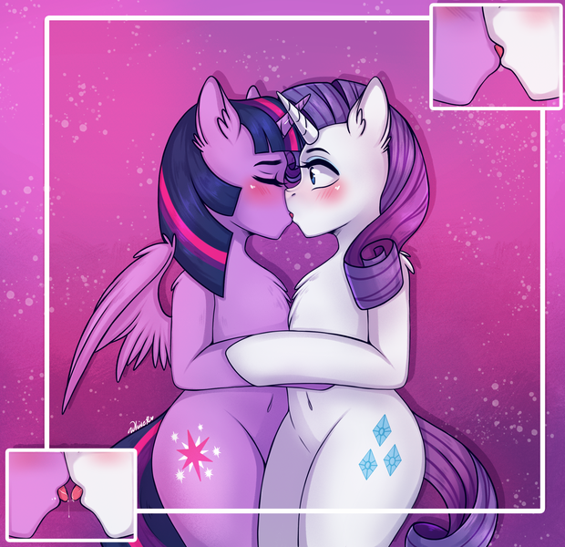 Size: 2220x2147 | Tagged: suggestive, artist:whiteraven, derpibooru import, rarity, twilight sparkle, twilight sparkle (alicorn), alicorn, unicorn, abstract background, bipedal, blushing, commission, drool, drool string, female, french kiss, hoof hold, kissing, lesbian, rarilight, shipping, tongue out, ych result