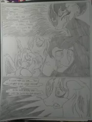 Size: 1944x2592 | Tagged: safe, artist:princebluemoon3, author:bigonionbean, derpibooru import, oc, oc:king speedy hooves, oc:queen galaxia, oc:tommy the human, alicorn, human, pony, comic:the chaos within us, alicorn oc, alicorn princess, barrier, black and white, canterlot, canterlot castle, captive, chained, chaos, clothes, comic, commissioner:bigonionbean, confused, crater, crying, dialogue, drawing, dream, female, fusion, fusion:king speedy hooves, fusion:queen galaxia, grayscale, herd, horn, human oc, husband and wife, magic, male, monochrome, mother and child, mother and son, night, nightmare, prisoner, rubble, sad, separation, shocked, shocked expression, tears of pain, teary eyes, throne room, traditional art, wings