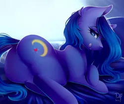 Size: 1280x1079 | Tagged: suggestive, artist:bambudess, derpibooru import, oc, oc:shadow blue, unofficial characters only, earth pony, pony, bed, butt, earth pony oc, eyelashes, eyeshadow, female, laying on bed, looking at you, makeup, mare, night, on bed, plot, prone, solo, thighs, thunder thighs, tongue out