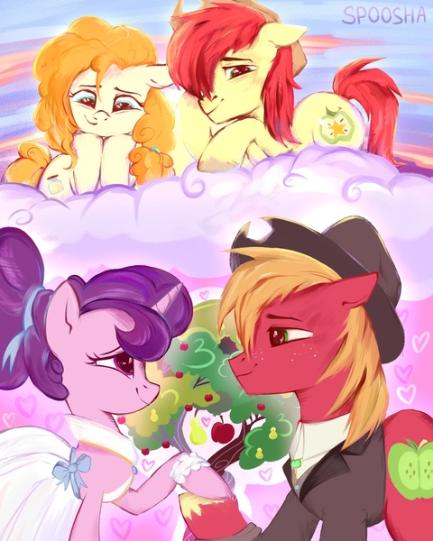 Size: 1728x2160 | Tagged: safe, artist:spoosha, derpibooru import, big macintosh, bright mac, pear butter, sugar belle, earth pony, unicorn, the big mac question, the perfect pear, apple, apple tree, bittersweet, brightbutter, cute, female, food, intertwined trees, like father like son, male, pear tree, shipping, straight, sugarmac, tree