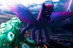 Size: 1280x855 | Tagged: artist:blueshooter, derpibooru import, lightning, night, oc, peacock tail, pegasus, pegasus oc, safe, solo, thunderbolt, thunderstorm, unofficial characters only, wings