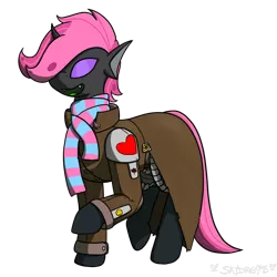 Size: 1050x1050 | Tagged: artist:skydreams, changeling, changeling oc, clothes, derpibooru import, fallout equestria, ncr ranger, oc, oc:pixie wing, pink changeling, purple changeling, safe, scarf, simple background, socks, solo, sticker, transparent background, unofficial characters only