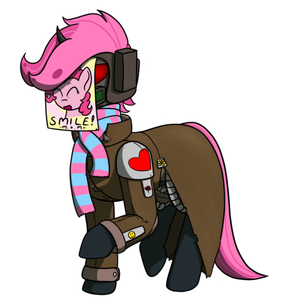 Size: 1050x1050 | Tagged: artist:skydreams, changeling, changeling oc, clothes, derpibooru import, fallout equestria, helmet, ministry of morale, ncr ranger, oc, oc:pixie wing, paper-thin disguise, pink changeling, pinkie pie, poster, safe, scarf, simple background, sticker, transparent background, unofficial characters only