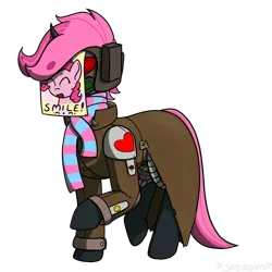 Size: 1050x1050 | Tagged: artist:skydreams, changeling, changeling oc, clothes, derpibooru import, fallout equestria, helmet, ministry of morale, ncr ranger, oc, oc:pixie wing, paper-thin disguise, pink changeling, pinkie pie, poster, safe, scarf, simple background, sticker, transparent background, unofficial characters only