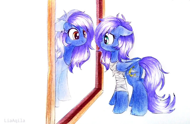 Size: 3536x2310 | Tagged: safe, artist:liaaqila, derpibooru import, oc, oc:vesperal breeze, unofficial characters only, pegasus, pony, alter ego, bandage, clone, commission, cutie mark, duality, female, frown, mare, mirror, reflection, signature, simple background, smiling, white background