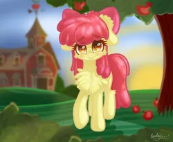 Size: 2200x1800 | Tagged: safe, artist:kindny-chan, derpibooru import, apple bloom, pony, adorabloom, apple, apple tree, blushing, cheek fluff, chest fluff, cute, ear fluff, food, leg fluff, looking at you, smiling, solo, tree