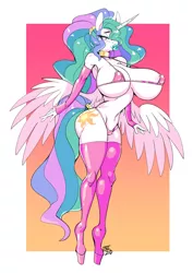 Size: 1736x2456 | Tagged: anthro, anti-gravity boobs, areola, areola slip, armpits, artist:scarfyace, belly button, big breasts, bikini, bimbo, bimbo celestia, breasts, busty princess celestia, clothes, derpibooru import, erect nipples, female, huge breasts, micro bikini, nipple outline, princess celestia, solo, solo female, suggestive, swimsuit