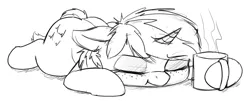 Size: 1701x706 | Tagged: safe, artist:zippysqrl, derpibooru import, oc, oc:sign, unofficial characters only, pony, unicorn, eyes closed, female, flop, floppy ears, freckles, grayscale, monochrome, mug, prone, sketch, solo
