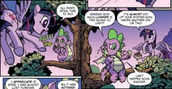 Size: 2451x1267 | Tagged: safe, artist:pencils, derpibooru import, idw, spike, twilight sparkle, twilight sparkle (alicorn), alicorn, dragon, pony, spoiler:comic, spoiler:comic73, acorn, behaving like a squirrel, chirping, comic, cropped, cute, female, flying, male, mama twilight, mare, oak tree, sitting in a tree, spikabetes, tree, twiabetes, winged spike