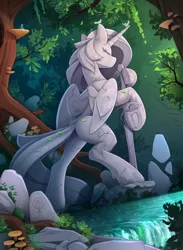 Size: 1750x2385 | Tagged: safe, artist:yakovlev-vad, derpibooru import, alicorn, pony, bipedal, butt, eyes closed, female, forest, frog (hoof), hero, leaning, leaves, mare, nature, plot, raised leg, river, rock, scenery, solo, statue, sword, tree, underhoof, unknown pony, water, weapon