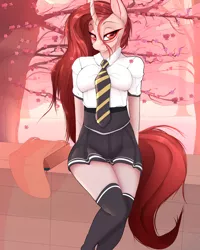 Size: 2800x3500 | Tagged: safe, artist:chapaevv, derpibooru import, oc, oc:isis, unofficial characters only, anthro, unicorn, anthro oc, big breasts, breasts, cherry blossoms, clothes, female, flower, flower blossom, highschool, japan, looking at you, mare, necktie, outdoors, red hair, school uniform, sitting, socks, solo, stockings, thigh highs