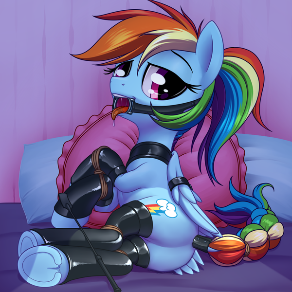 Size: 1090x1090 | Tagged: questionable, artist:stoic5, derpibooru import, edit, rainbow dash, alternate hairstyle, bed, bedroom eyes, bondage, bound wings, braided tail, clothes, collar, consensual, dashsub, dock, drool, explicit source, featureless crotch, female, femsub, gag, image, latex, leather, looking at you, nudity, png, ponytail, rainbond dash, riding crop, ring gag, sexy, socks, solo, solo female, stockings, stupid sexy rainbow dash, submissive, tail wrap, thigh highs, tied up, tongue out, underhoof, whip, wings