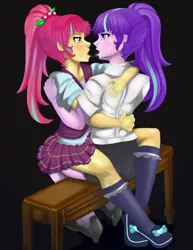 Size: 1280x1657 | Tagged: suggestive, artist:jennobasilicum, derpibooru import, sour sweet, starlight glimmer, equestria girls, alternate hairstyle, bedroom eyes, bench, black background, blushing, clothes, drool, drool string, female, flats, kissing, lesbian, looking at each other, open mouth, shipping, shirt, shoes, simple background, skirt, socks, starsweet, stockings, thigh highs, vest