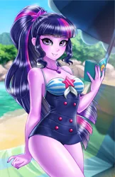 Size: 800x1237 | Tagged: safe, alternate version, artist:racoonsan, color edit, derpibooru import, edit, editor:drakeyc, sci-twi, twilight sparkle, equestria girls, equestria girls series, adorasexy, anime, beach, beach babe, beautiful, blue swimsuit, book, clothes, colored, cute, female, geode of telekinesis, glasses, looking at you, magical geodes, nail polish, ocean, one-piece swimsuit, ponytail, sand, sexy, sexy egghead, skin color edit, sleeveless, smiling, solo, striped swimsuit, swimsuit, tricolor swimsuit, twiabetes