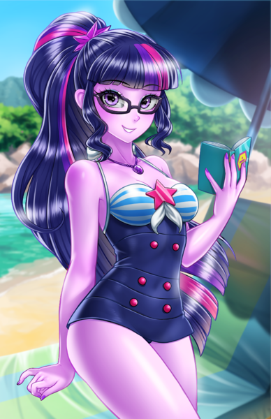 Size: 800x1237 | Tagged: safe, alternate version, artist:racoonsan, color edit, derpibooru import, edit, editor:drakeyc, sci-twi, twilight sparkle, equestria girls, equestria girls series, adorasexy, anime, beach, beach babe, beautiful, blue swimsuit, book, clothes, colored, cute, female, geode of telekinesis, glasses, looking at you, magical geodes, nail polish, ocean, one-piece swimsuit, ponytail, sand, sexy, sexy egghead, skin color edit, sleeveless, smiling, solo, striped swimsuit, swimsuit, tricolor swimsuit, twiabetes