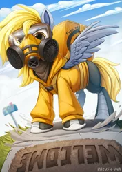 Size: 796x1126 | Tagged: safe, artist:zazush-una, derpibooru import, derpy hooves, pegasus, pony, badass, boots, clothes, converse, coronavirus, covid-19, delivery, delivery pony, epic derpy, female, food, gas mask, hoodie, mask, ppe, respirator, shoes, solo