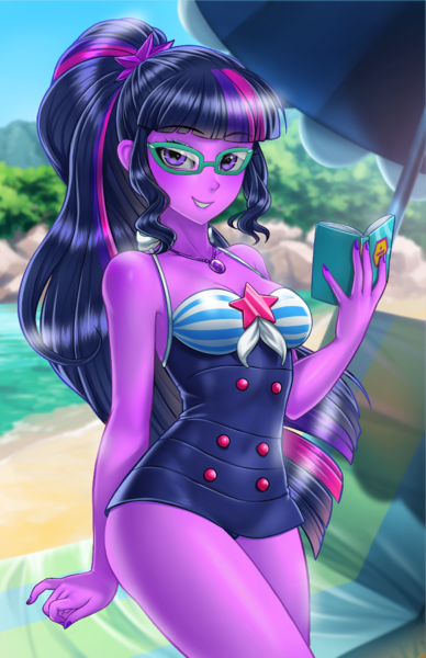 Size: 800x1237 | Tagged: safe, alternate version, artist:racoonsan, color edit, derpibooru import, edit, editor:drakeyc, sci-twi, twilight sparkle, equestria girls, equestria girls series, adorasexy, anime, beach, beach babe, beautiful, blue swimsuit, book, clothes, colored, cute, female, geode of telekinesis, glasses, looking at you, magical geodes, midnight sparkle, nail polish, ocean, one-piece swimsuit, ponytail, sand, sexy, sexy egghead, skin color edit, sleeveless, smiling, solo, striped swimsuit, swimsuit, tricolor swimsuit, twiabetes