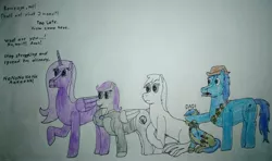 Size: 3214x1901 | Tagged: safe, artist:überreaktor, derpibooru import, oc, oc:boo, oc:lacunae, oc:morning glory (project horizons), oc:p-21, oc:scotch tape, alicorn, earth pony, pegasus, pony, fallout equestria, fallout equestria: project horizons, artificial alicorn, covered eyes, covering eyes, cowboy hat, dashite, dashite brand, enclave uniform, fanfic art, grenade, hat, implied blackjack, implied rampage, offscreen action, photo, purple alicorn (fo:e), reaction, reaction image, shocked, shocked expression, text, traditional art, varying degrees of want