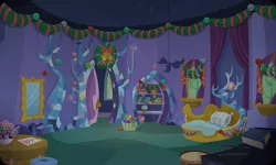 Size: 954x572 | Tagged: background, basket, bauble, bedroom, bookcase, christmas wreath, derpibooru import, flower, gameloft, indoors, mirror, no pony, pillow, safe, spike's room, twilight's castle, wreath
