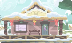 Size: 954x572 | Tagged: background, building, christmas wreath, derpibooru import, gameloft, mistleholly, no pony, ponyville train station, safe, snow, train station, wreath