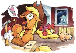 Size: 1234x854 | Tagged: safe, artist:andypriceart, derpibooru import, idw, apple bloom, applejack, big macintosh, bird, chicken, earth pony, pig, pony, spoiler:comic, spoiler:comicholiday2015, apple siblings, apple sisters, barn, brother and sister, chase, cloven hooves, cropped, exclamation point, female, filly, foal, hammer, hay bale, male, mare, mouth hold, nail, one eye closed, pain, pictogram, screwdriver, siblings, simple background, sisters, speech bubble, stallion, tongue out, white background, window, wing hands, wing hold, wings