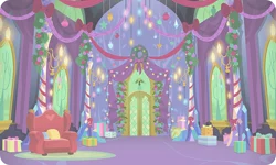 Size: 954x572 | Tagged: safe, derpibooru import, background, christmas, christmas lights, christmas wreath, couch, cushion, gameloft, holiday, indoors, no pony, present, twilight's castle, wreath