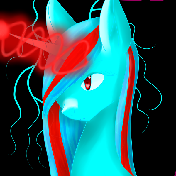 Size: 8000x8000 | Tagged: safe, artist:prismicdiamondart, derpibooru import, oc, unofficial characters only, unicorn, black background, bust, female, glowing horn, hair over one eye, horn, mare, simple background, solo, speedpaint available, unicorn oc