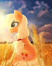 Size: 1200x1500 | Tagged: safe, artist:spoosha, derpibooru import, applejack, earth pony, pony, backlighting, cloud, cute, female, food, hatless, jackabetes, lens flare, mare, missing accessory, profile, sitting, sky, solo, straw in mouth, sun, wheat, wheat field