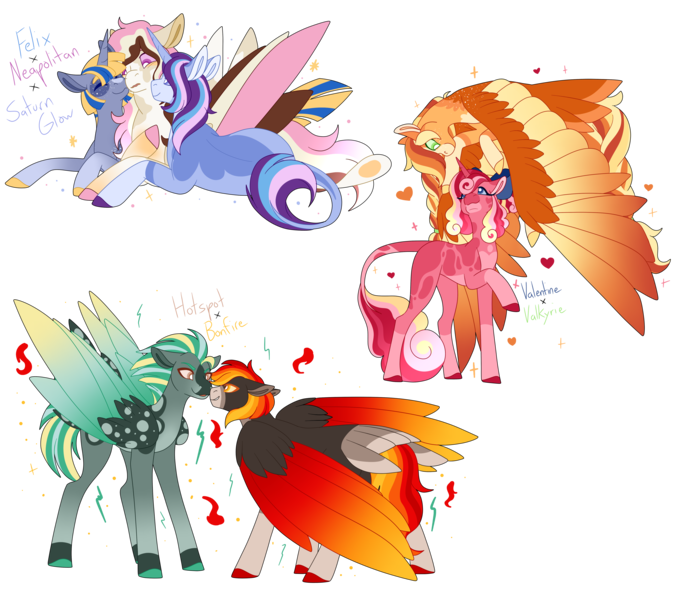 Size: 5000x4407 | Tagged: safe, artist:clay-bae, derpibooru import, oc, oc:bonfire, oc:felix, oc:hotspot, oc:neapolitan, oc:saturn glow, oc:valentine, oc:valkyrie, pegasus, unicorn, absurd resolution, female, magical gay spawn, magical lesbian spawn, male, mare, nuzzling, oc x oc, offspring, parent:applejack, parent:daring do, parent:donut joe, parent:princess cadance, parent:princess celestia, parent:rainbow dash, parent:shining armor, parent:spitfire, parent:star tracker, parent:starlight glimmer, parent:stygian, parent:thunderlane, parent:trixie, parent:zephyr breeze, parents:appledash, parents:daringfire, parents:joelestia, parents:shiningcadance, parents:startrix, parents:zephyrlane, shipping, simple background, stallion, transparent background, two toned wings, wings