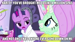 Size: 1080x608 | Tagged: alicorn, alternate hairstyle, caption, clothes, derpibooru import, duo focus, edit, edited screencap, image macro, loose hair, meme, mud mask, rarity, rarity's biggest fan, robe, screencap, spa, spa robe, spoiler:interseason shorts, suggestive, text, towel, towel on head, twilight sparkle, twilight sparkle (alicorn)