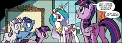 Size: 2458x878 | Tagged: safe, artist:pencils, derpibooru import, idw, night light, princess celestia, twilight sparkle, twilight sparkle (alicorn), twilight velvet, alicorn, unicorn, spoiler:comic, spoiler:comicidw2020, cropped, crown, duality, ethereal mane, female, filly, filly twilight sparkle, foal, jaw drop, jewelry, male, mare, open mouth, peytral, raised hoof, regalia, self ponidox, shocked, speech bubble, stallion, time paradox, twilight's parents, unicorn twilight, younger