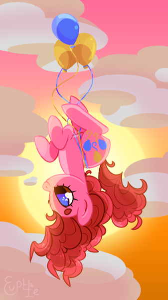Size: 539x960 | Tagged: safe, artist:euphoriapony, derpibooru import, pinkie pie, earth pony, pony, balloon, cloud, cute, diapinkes, female, floating, flying, heart eyes, mare, no pupils, sky, solo, sun, then watch her balloons lift her up to the sky, upside down, wingding eyes