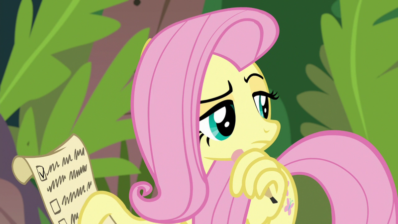 Size: 1920x1080 | Tagged: safe, derpibooru import, screencap, angel bunny, fluttershy, pegasus, pony, she talks to angel, body swap, checklist, cyan eyes, female, frown, male, mare, narrowed eyes, not fluttershy, pencil, raised eyebrow, solo, thinking, wing hands, wing hold, wings, working