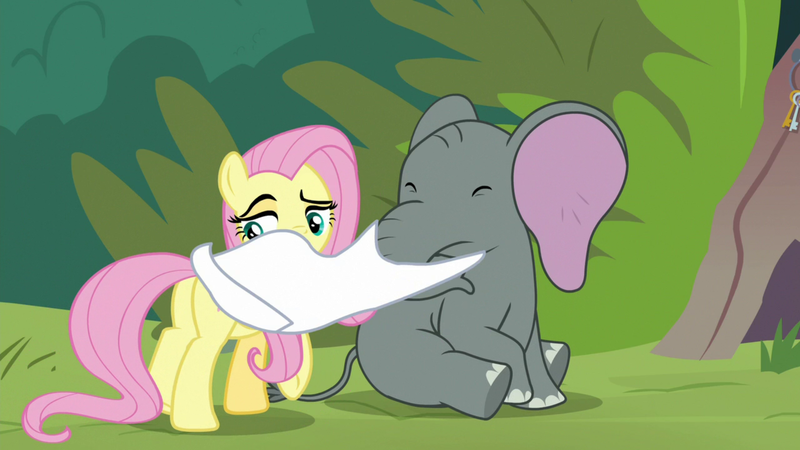 Size: 1920x1080 | Tagged: safe, derpibooru import, screencap, angel bunny, fluttershy, muriel, elephant, pegasus, pony, she talks to angel, baby elephant, body swap, butt, cloth, duo, eyes closed, female, indifferent, lidded eyes, male, mare, not fluttershy, obscured face, plot, raised eyebrow, raised hoof, removal, sitting, underhoof