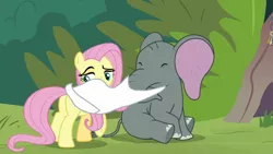 Size: 1920x1080 | Tagged: safe, derpibooru import, screencap, angel bunny, fluttershy, muriel, elephant, pegasus, pony, she talks to angel, baby elephant, body swap, butt, cloth, duo, eyes closed, female, indifferent, lidded eyes, male, mare, not fluttershy, obscured face, plot, raised eyebrow, raised hoof, removal, sitting, underhoof