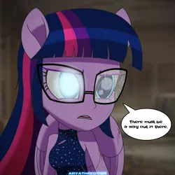 Size: 1920x1920 | Tagged: safe, artist:aryatheeditor, derpibooru import, sci-twi, twilight sparkle, equestria girls, blue eyes, clothes, daily life, dark, digital art, disaster, geode of telekinesis, glass, glasses, glowing eyes, injured, injured wing, magical geodes, mall, ponied up, pony ears, powerful sparkle, sleeveless, solo, straight hair, torn clothes, wings, worried