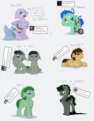 Size: 1199x1544 | Tagged: safe, artist:ravenpuff, deleted from derpibooru, derpibooru import, oc, unofficial characters only, bat pony, earth pony, pegasus, pony, acorn, annoyed, bald, bat pony oc, bat wings, chest fluff, colt, crossed arms, crying, drool, earth pony oc, earting, female, filly, floaty, freckles, frog (hoof), frown, hoof hold, hoof in mouth, it's not a phase, looking up, magical gay spawn, male, offspring, parent:oc:atjour service, parent:oc:buttercream pie, parent:oc:knight smile, parent:oc:nutjob, parent:oc:shark tooth, parent:oc:sir reginald butterscop pendragon iv jr., parent:oc:timothy, parent:oc:unhinged, parent:oc:wheeler, parents:oc x oc, pegasus oc, prone, puffy cheeks, sad, sitting, slit eyes, smiling, twins, underhoof, wheelchair, wings