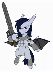 Size: 1524x2048 | Tagged: safe, artist:omegapony16, derpibooru import, oc, oc:oriponi, unofficial characters only, bat pony, pony, armor, bat pony oc, bat wings, clothes, female, frown, hoof hold, mare, scarf, signature, simple background, solo, sword, weapon, white background, wings