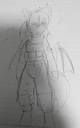 Size: 1279x2048 | Tagged: safe, artist:omegapony16, derpibooru import, oc, oc:oriponi, anthro, bat pony, unguligrade anthro, armor, bat pony oc, bat wings, clothes, female, lineart, lined paper, scarf, soldier, solo, traditional art, vest, wings