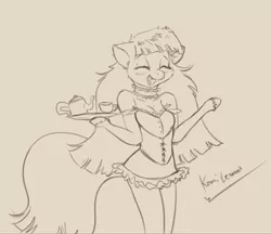 Size: 2580x2225 | Tagged: anthro, anthro oc, arm hooves, artist:kamikazelenna, clothes, costume, derpibooru import, dress, female, fluffy, food, grin, lineart, long mane, maid, oc, oc:lenna, safe, simple background, smiling, solo, steampunk, tea, unofficial characters only